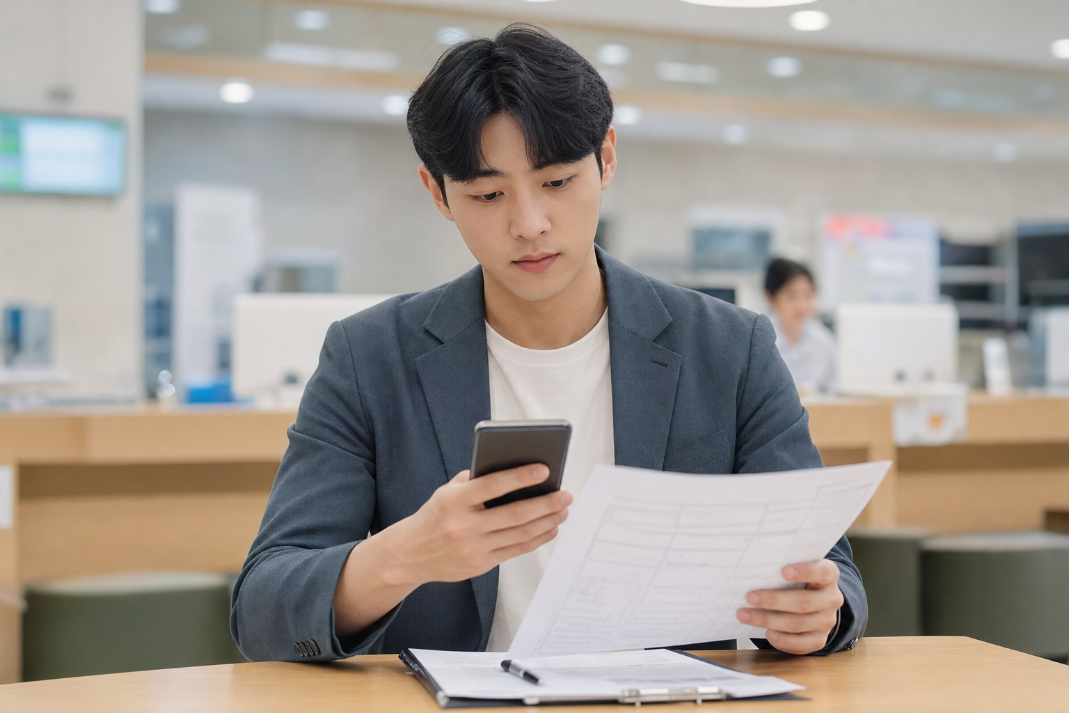 재무상담 신청 준비 서류를 확인하는 청년 이미지