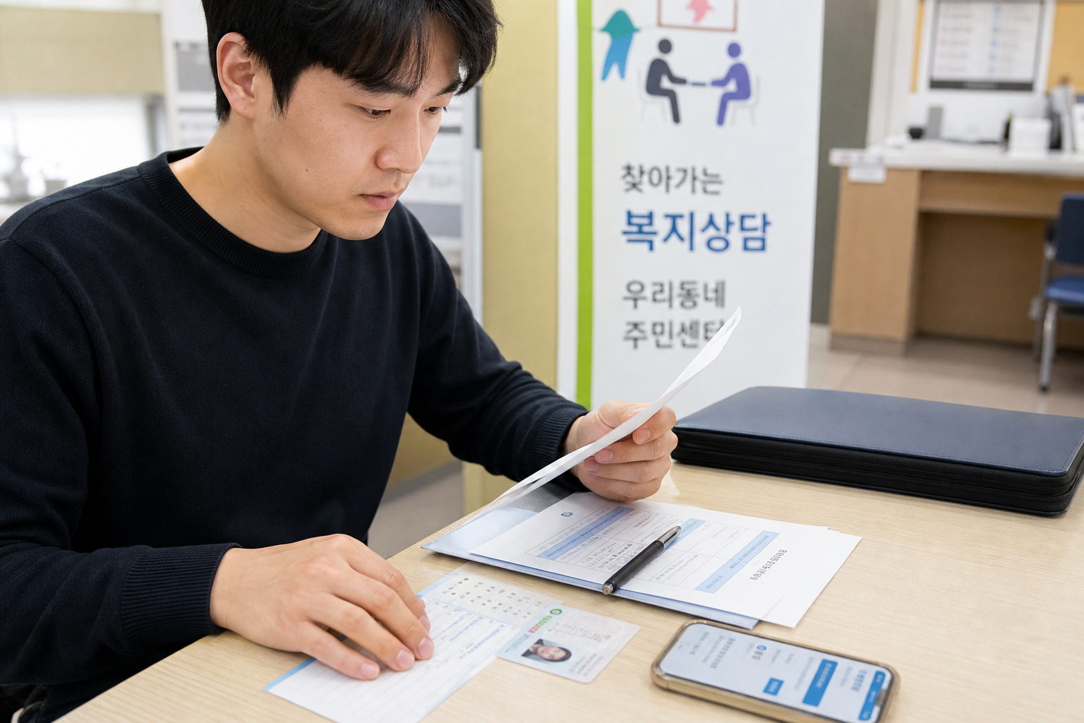 재무상담 신청을 위해 서류와 체크리스트를 정리하는 모습
