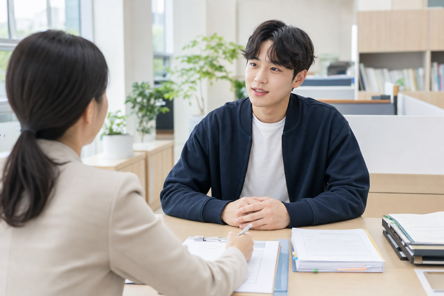 청년특화 자활 상담과 신청서류를 확인하는 장면