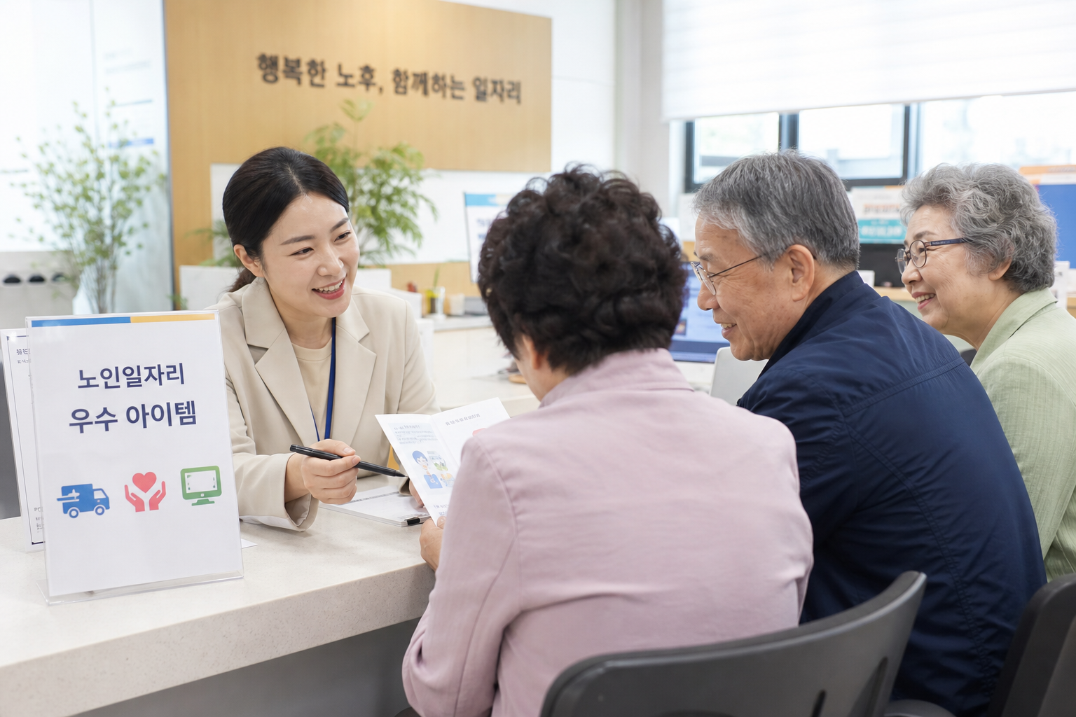 노인일자리 우수 아이템 안내를 확인하는 시니어와 상담 창구
