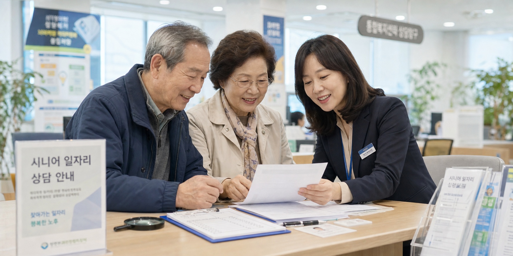 노인일자리 신규 우수 아이템 선정 관련 서류를 확인하는 시니어 상담 장면