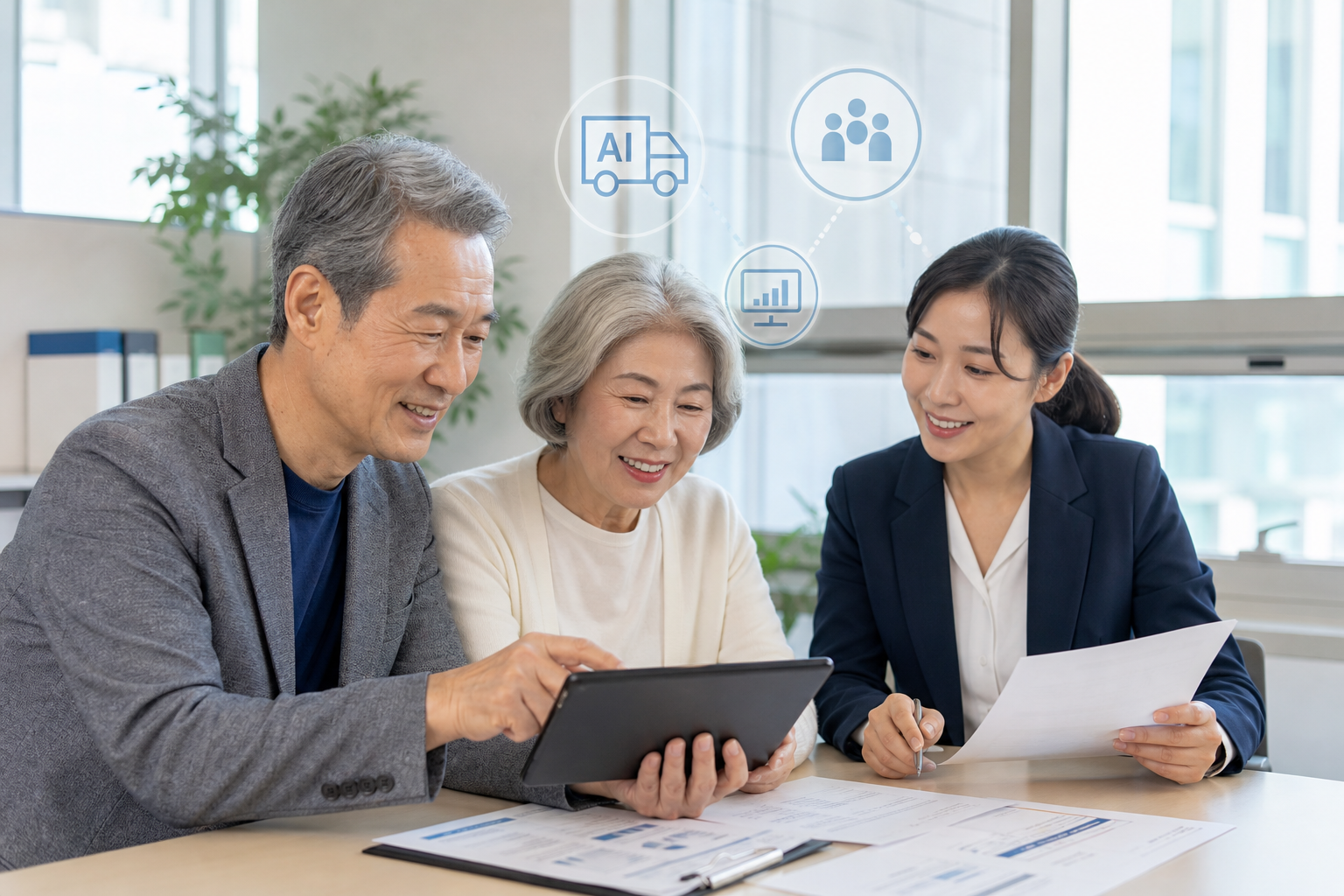 노인일자리 우수 아이템 안내를 확인하는 시니어와 행정 담당자