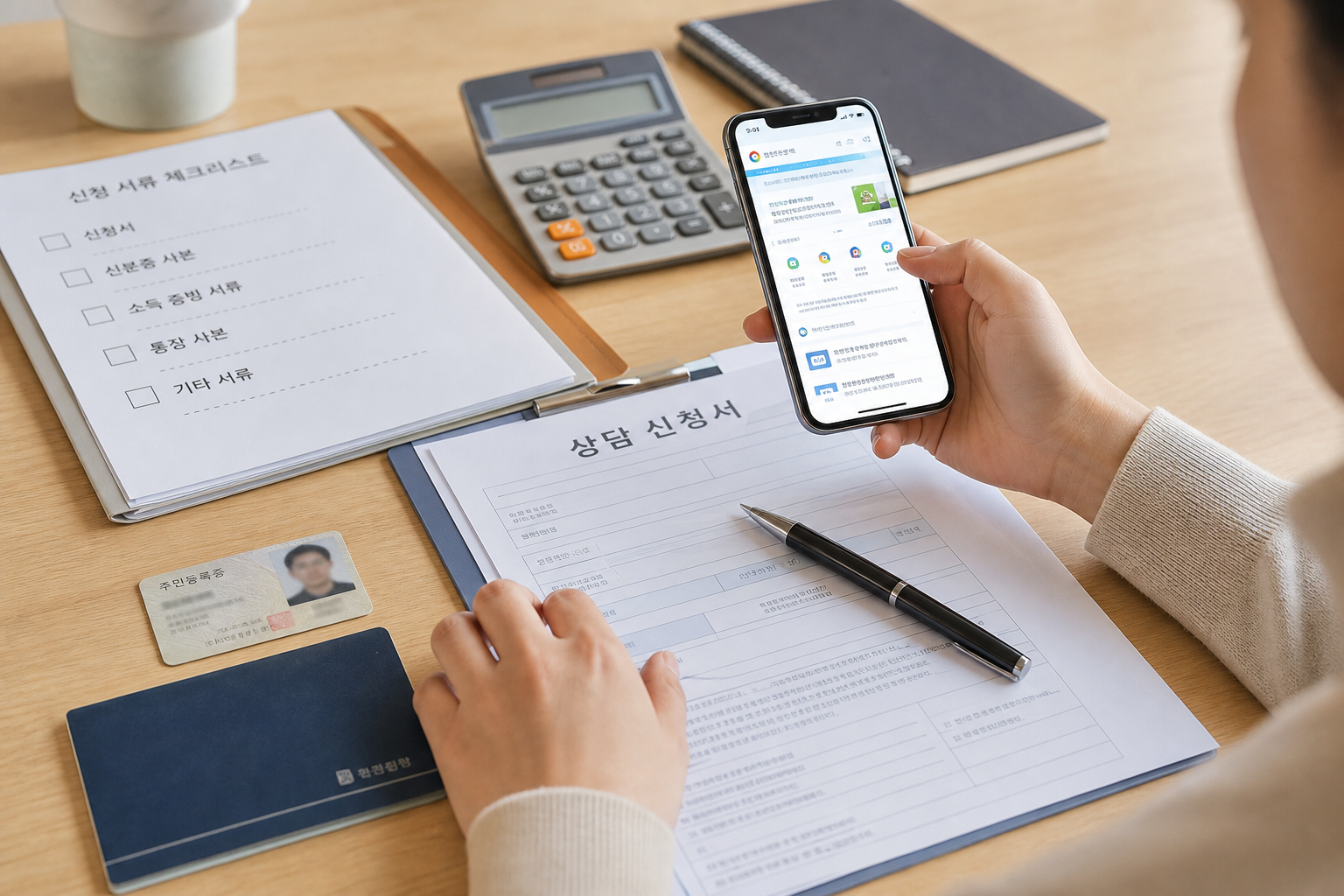 신청 서류와 체크리스트를 준비하는 모습