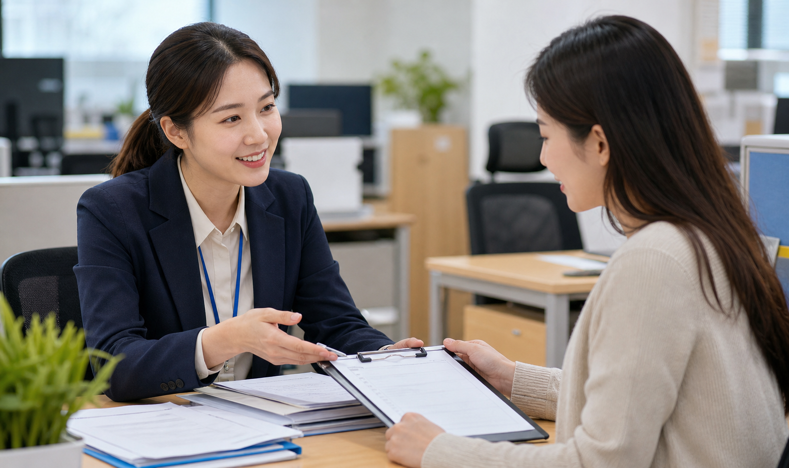 고용지원 신청 절차와 필요서류를 안내하는 상담 장면 이미지
