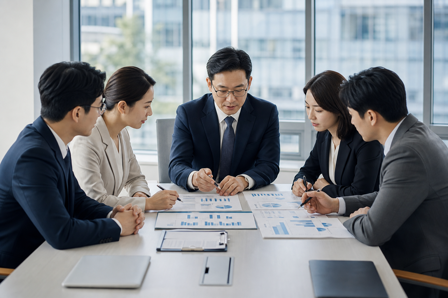 회의실에서 고용 정책 자료와 취업 지표를 검토하는 장면