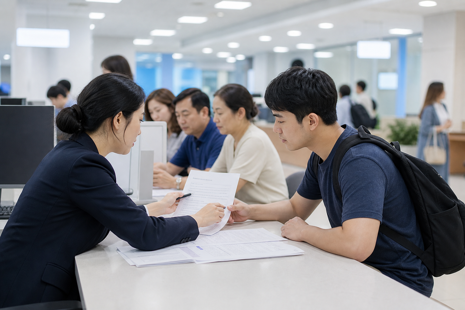 고용지원 상담 창구에서 서류를 확인하는 모습