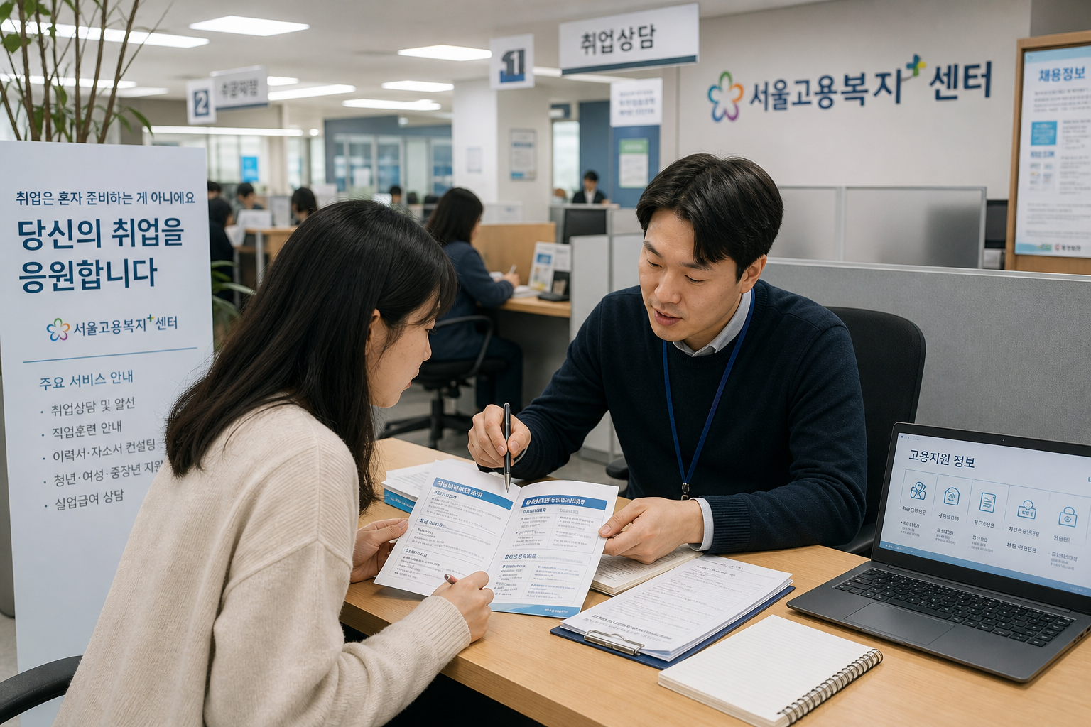 공공 고용지원센터에서 정책 안내를 확인하는 모습
