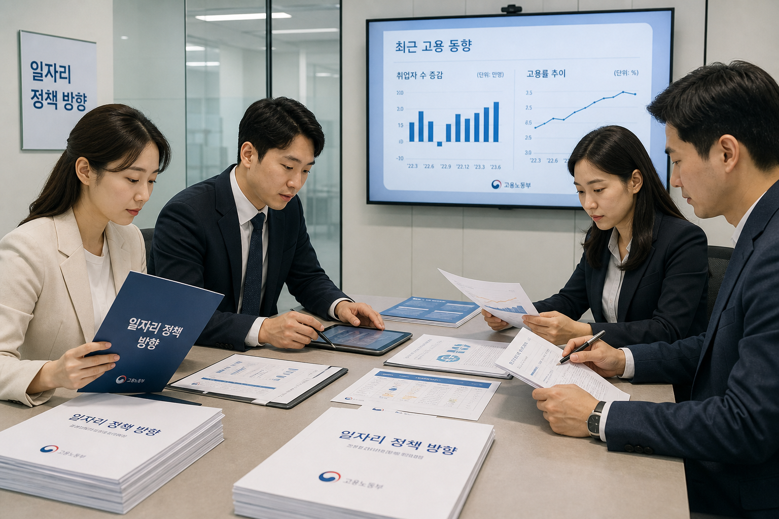 일자리 정책 자료와 고용 동향을 검토하는 회의 장면