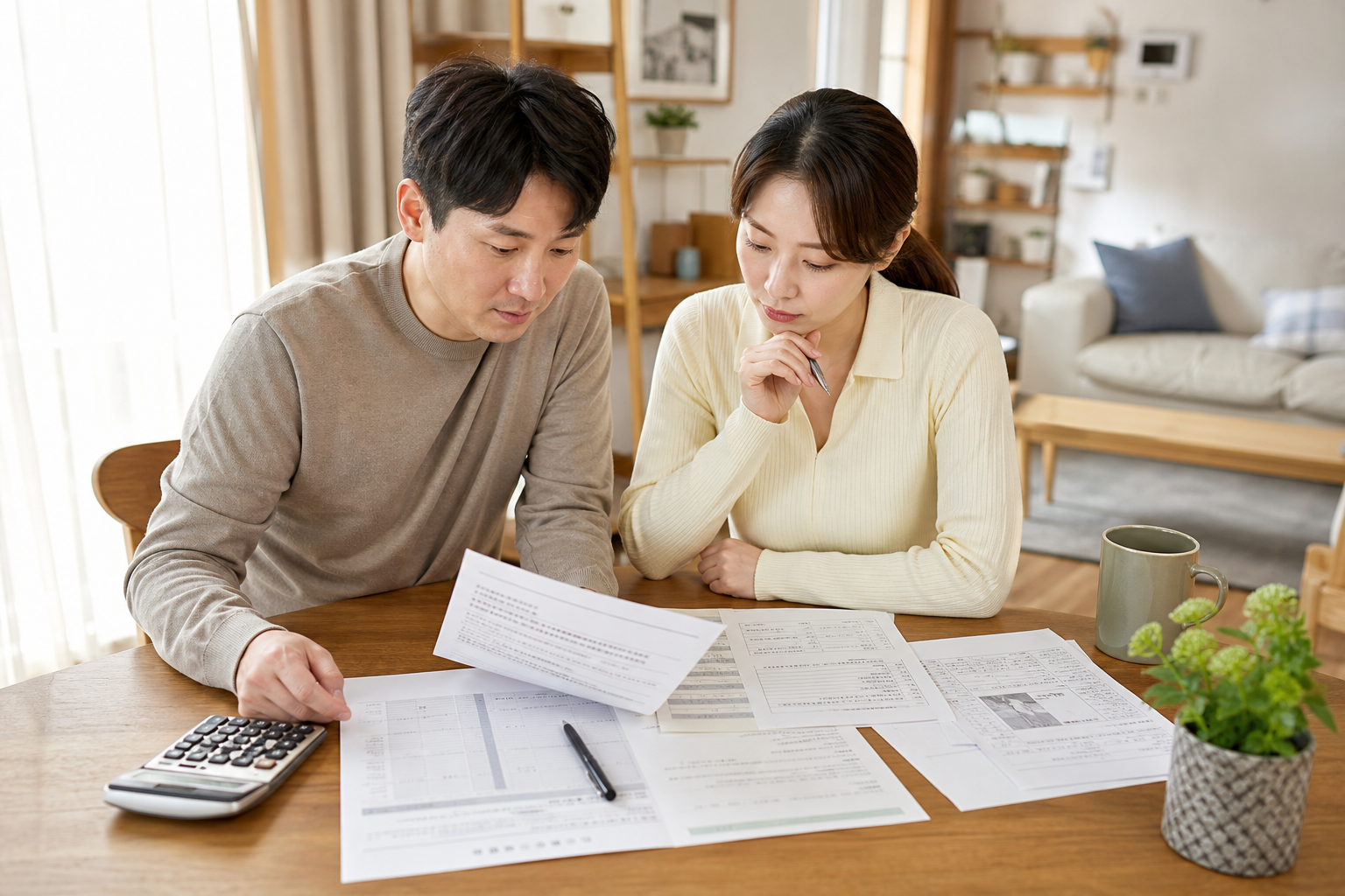 주거급여 신청 전 소득인정액과 서류를 확인하는 장면