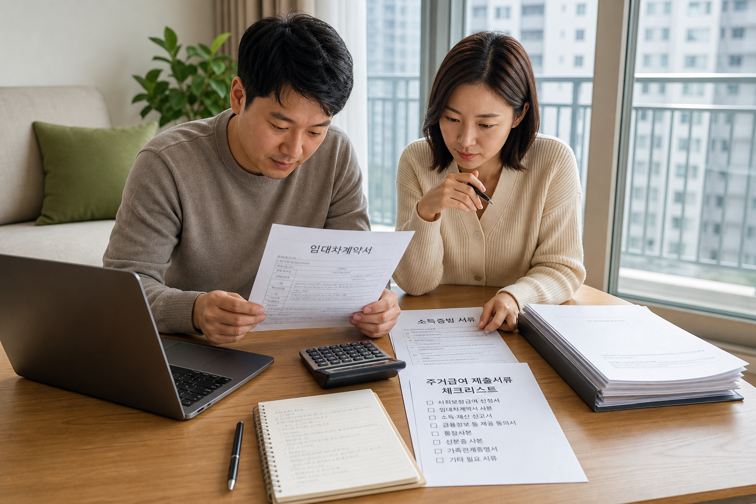 가정에서 주거급여 제출서류와 계약서를 검토하는 모습