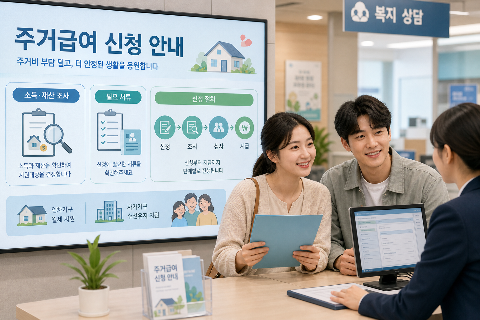 주거급여 신청 전 소득인정액과 제출서류를 확인하는 안내 이미지