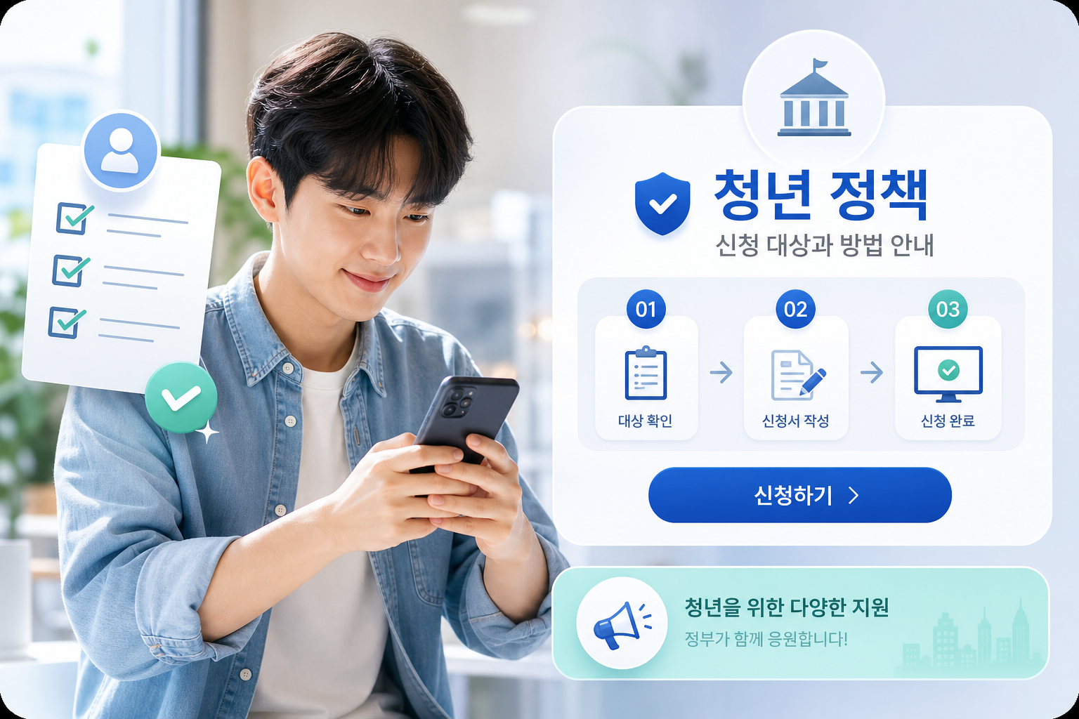 청년 정책 신청 대상과 조건을 확인하는 인포그래픽