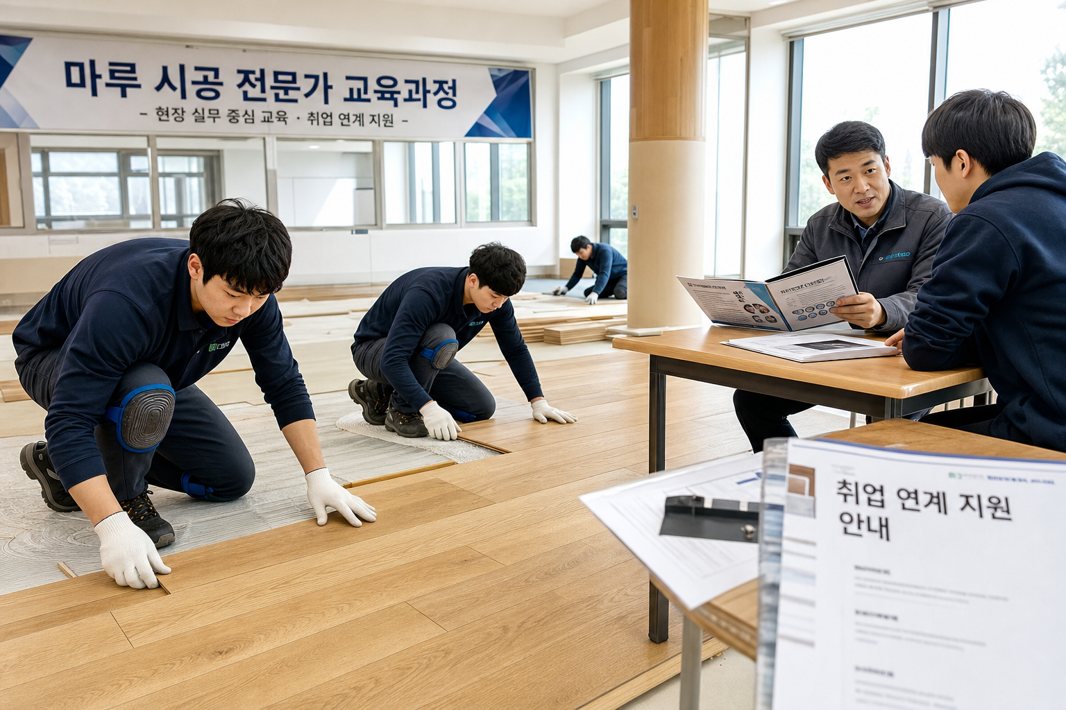 마루 시공 교육과 취업 연계 상담 현장을 표현한 이미지
