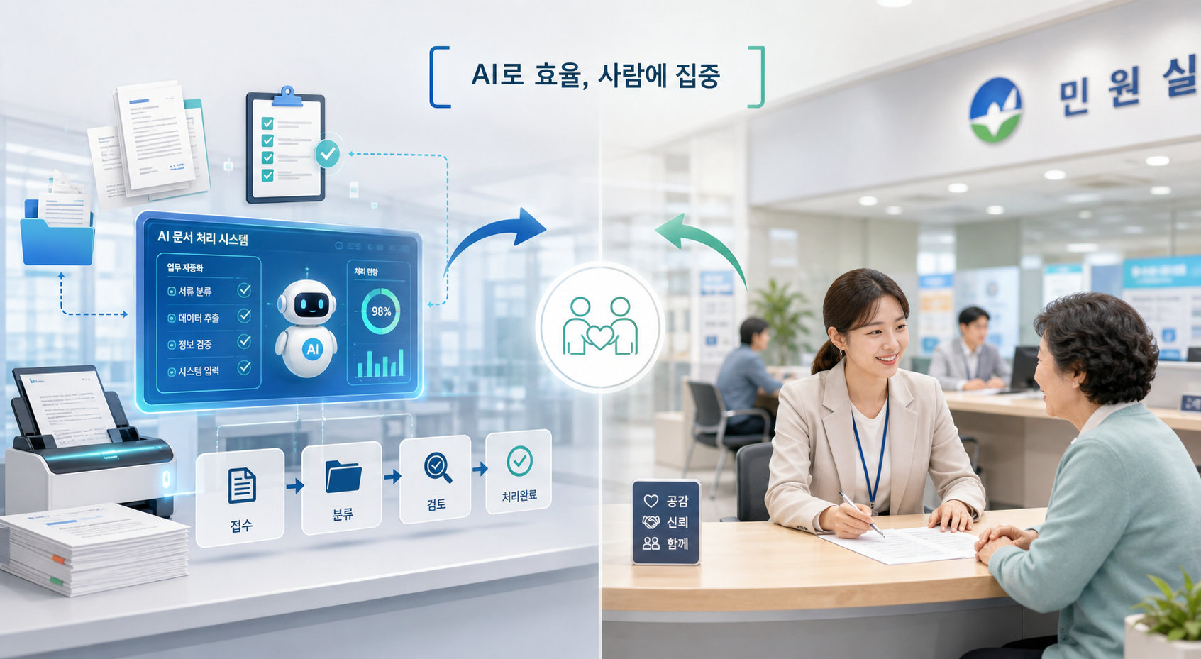 AI가 단순 반복 복지업무를 보조하고 공무원이 상담 업무에 집중하는 행정 안내 이미지
