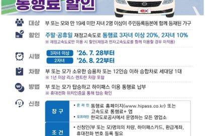 다자녀가구 재정고속도로 주말·공휴일 통행료 할인, 대상·신청 방법·시행일 정리