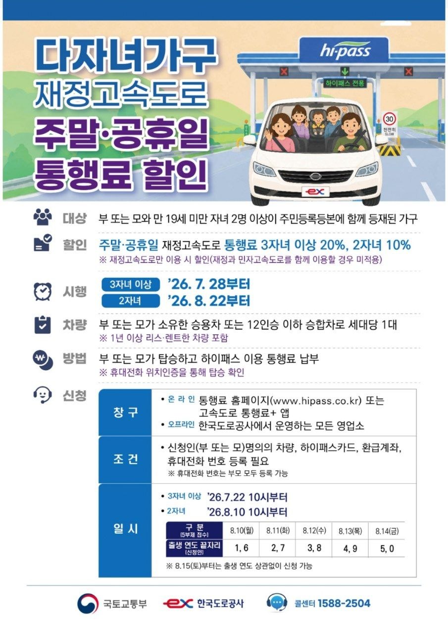 다자녀가구 재정고속도로 주말 공휴일 통행료 할인 공고
