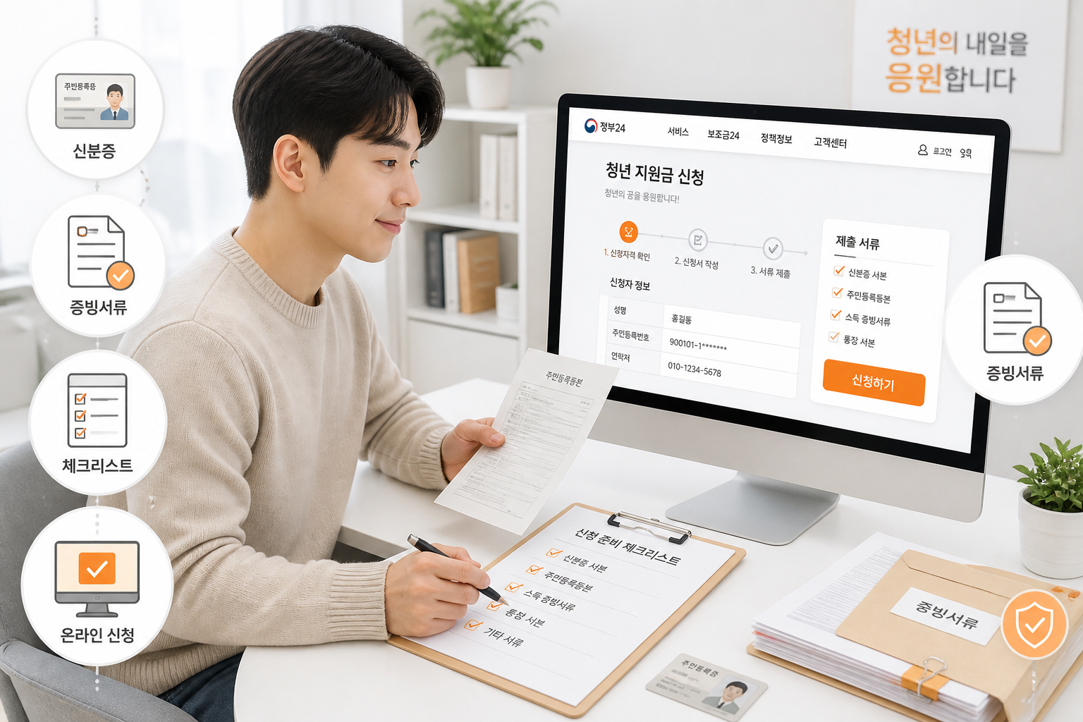 청년이 서류와 온라인 신청 화면을 확인하는 본문 이미지
