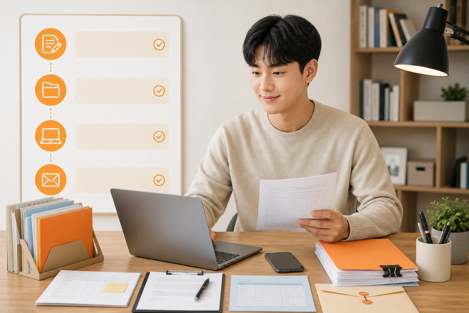 체험 수기 공모 신청 절차와 필요서류를 준비하는 청년 체크리스트 이미지