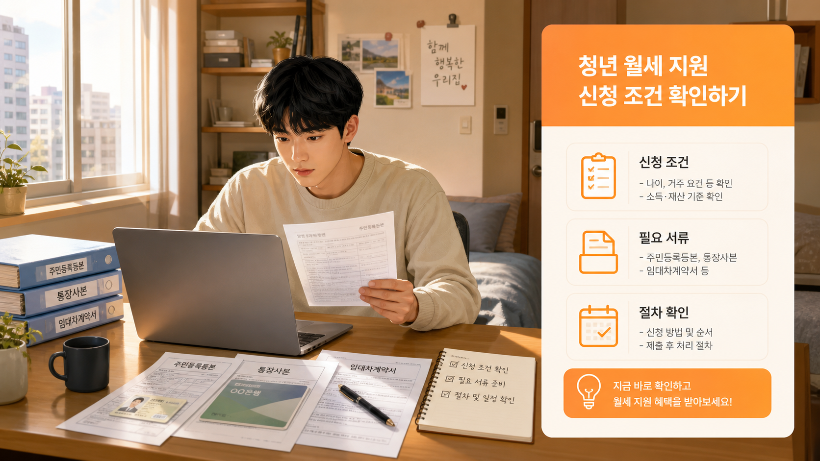 청년이 월세 지원 신청 서류를 확인하는 장면