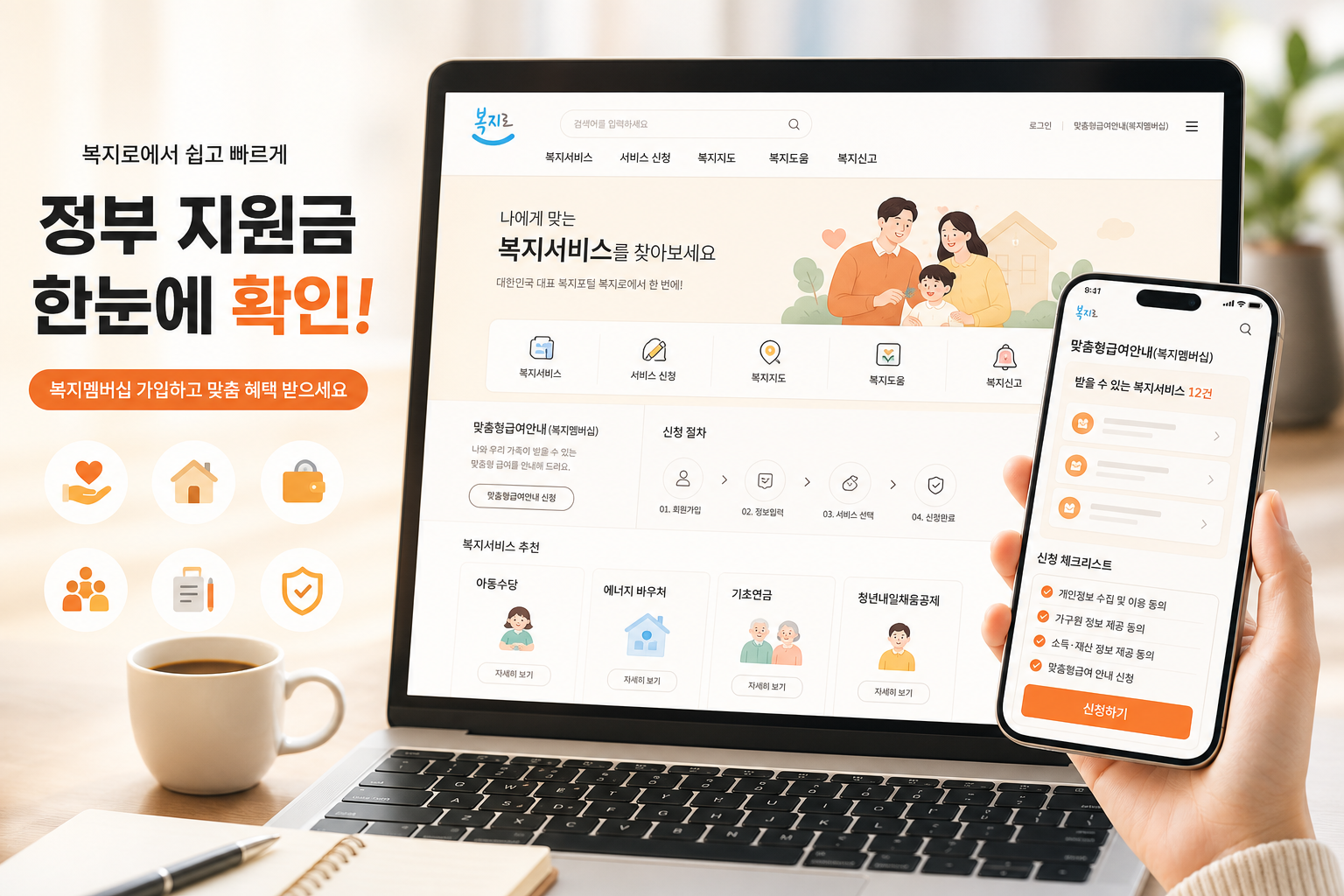 복지멤버십과 정부 지원금 신청 절차를 확인하는 안내 이미지
