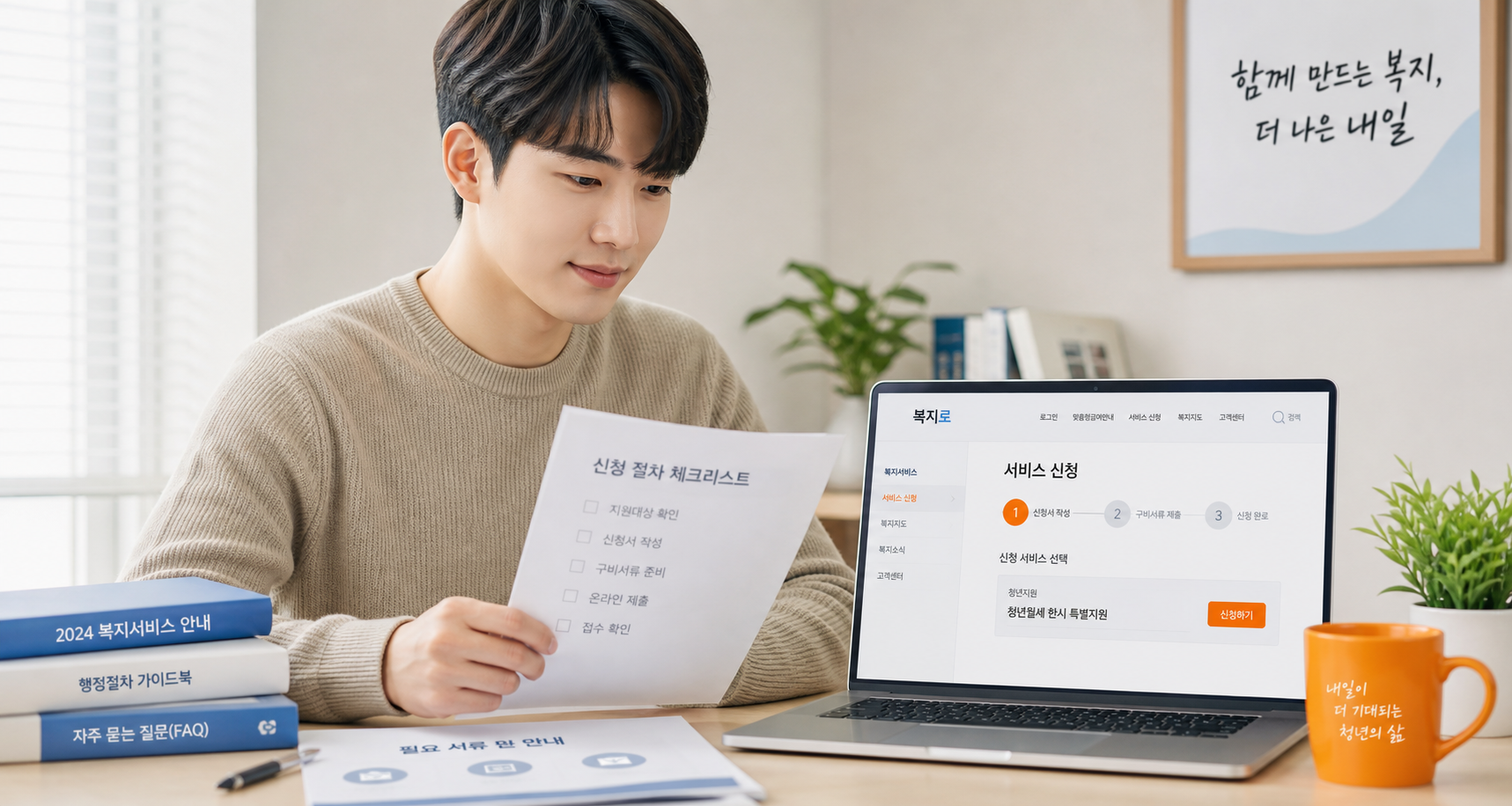 청년이 온라인으로 복지 신청 절차를 확인하는 안내 이미지