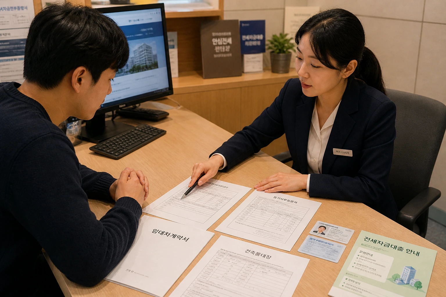 한국 전세 계약 상담 장면과 임대차계약서, 등기부등본, 대출 안내 서류