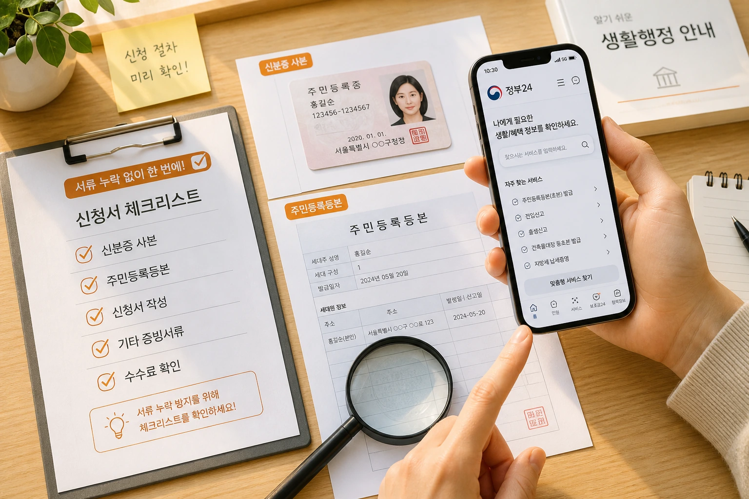 신분증과 주민등록등본 등 신청 서류를 체크리스트와 함께 준비하는 장면