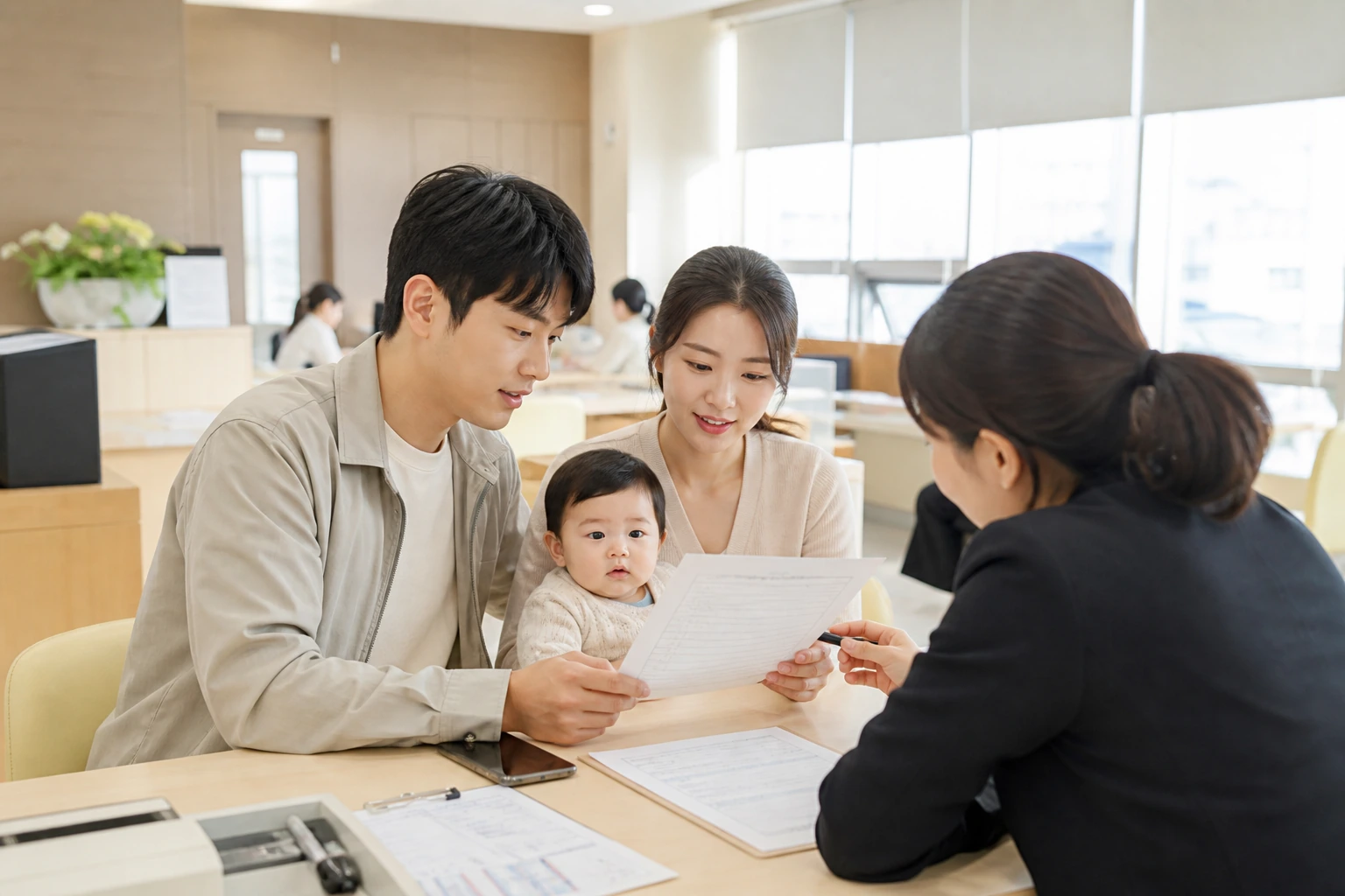 인구감소지역 주민센터에서 부모가 아동수당 추가지원 안내를 확인하는 장면