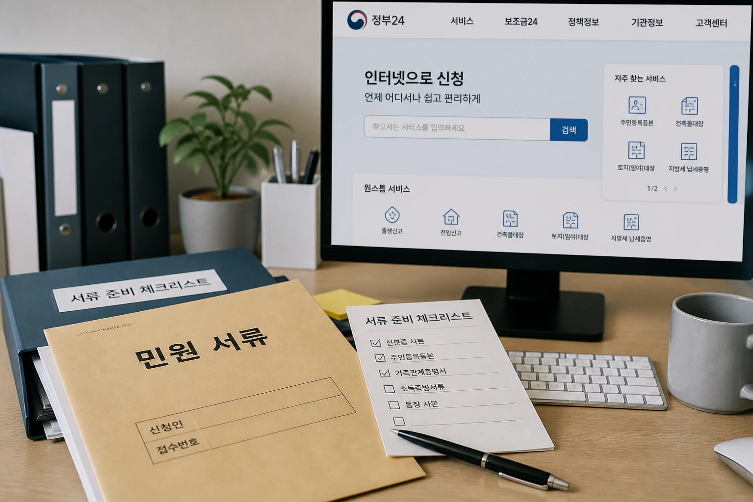 온라인 신청 화면과 민원 봉투, 신분 확인 서류를 함께 준비한 행정서류 준비 장면
