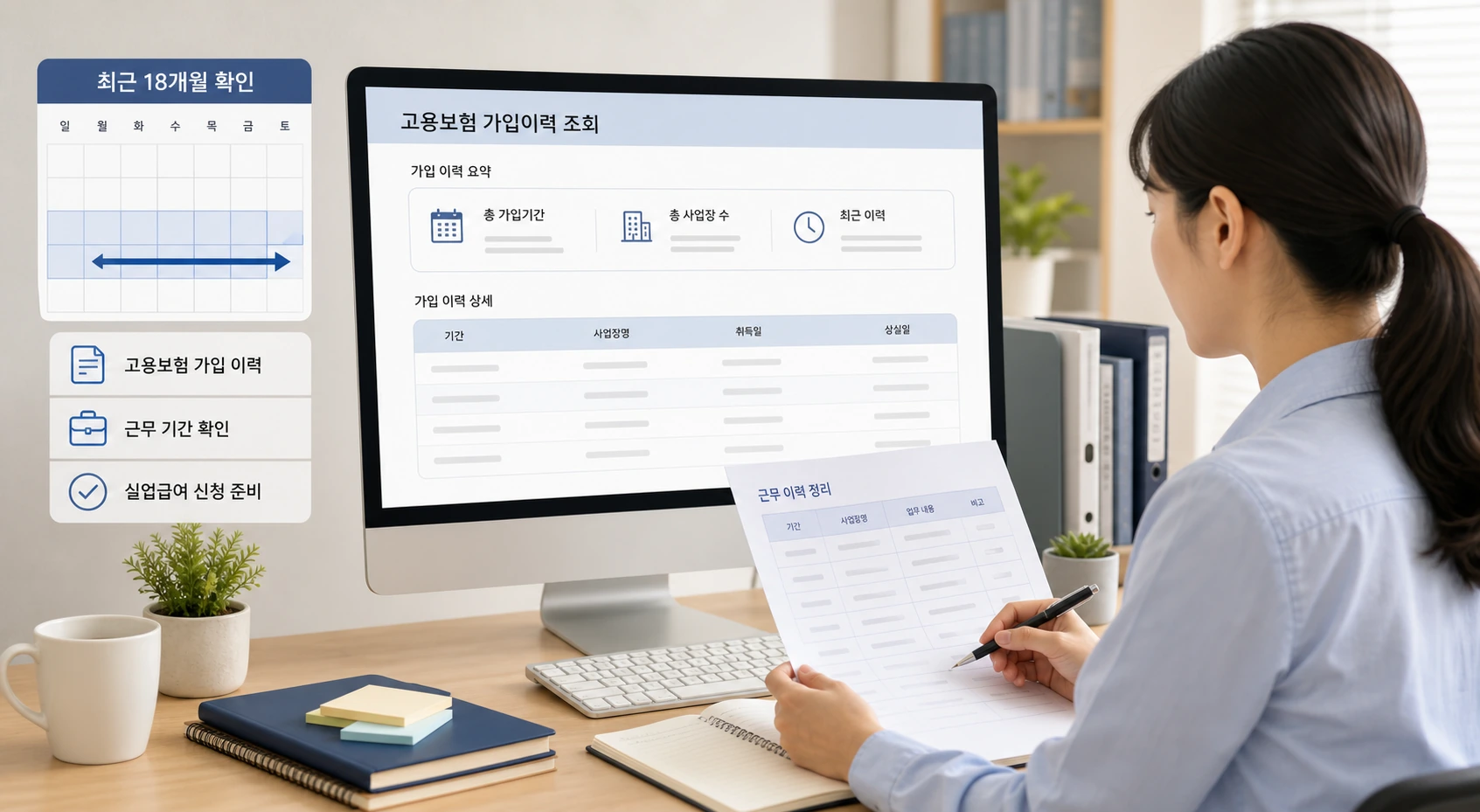 고용24에서 실업급여 신청 전 고용보험 가입기간을 확인하는 화면
