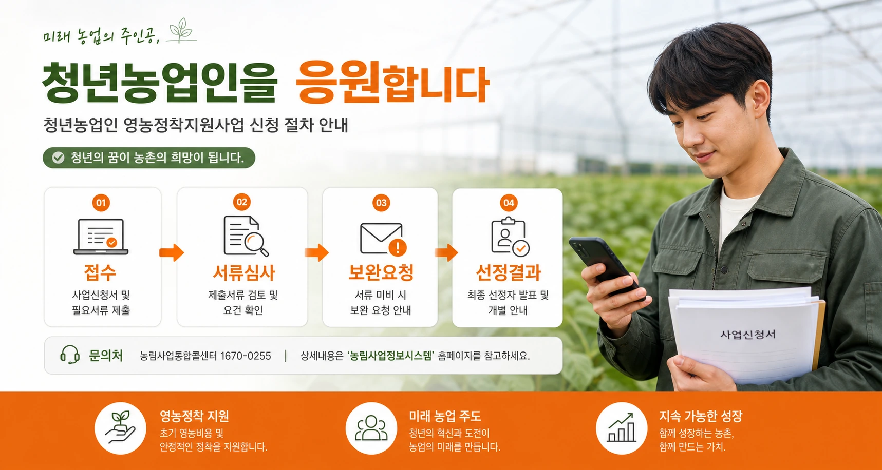 청년농업인 지원사업 접수부터 서류심사, 보완요청, 선정결과까지의 진행 흐름을 확인하는 안내 화면