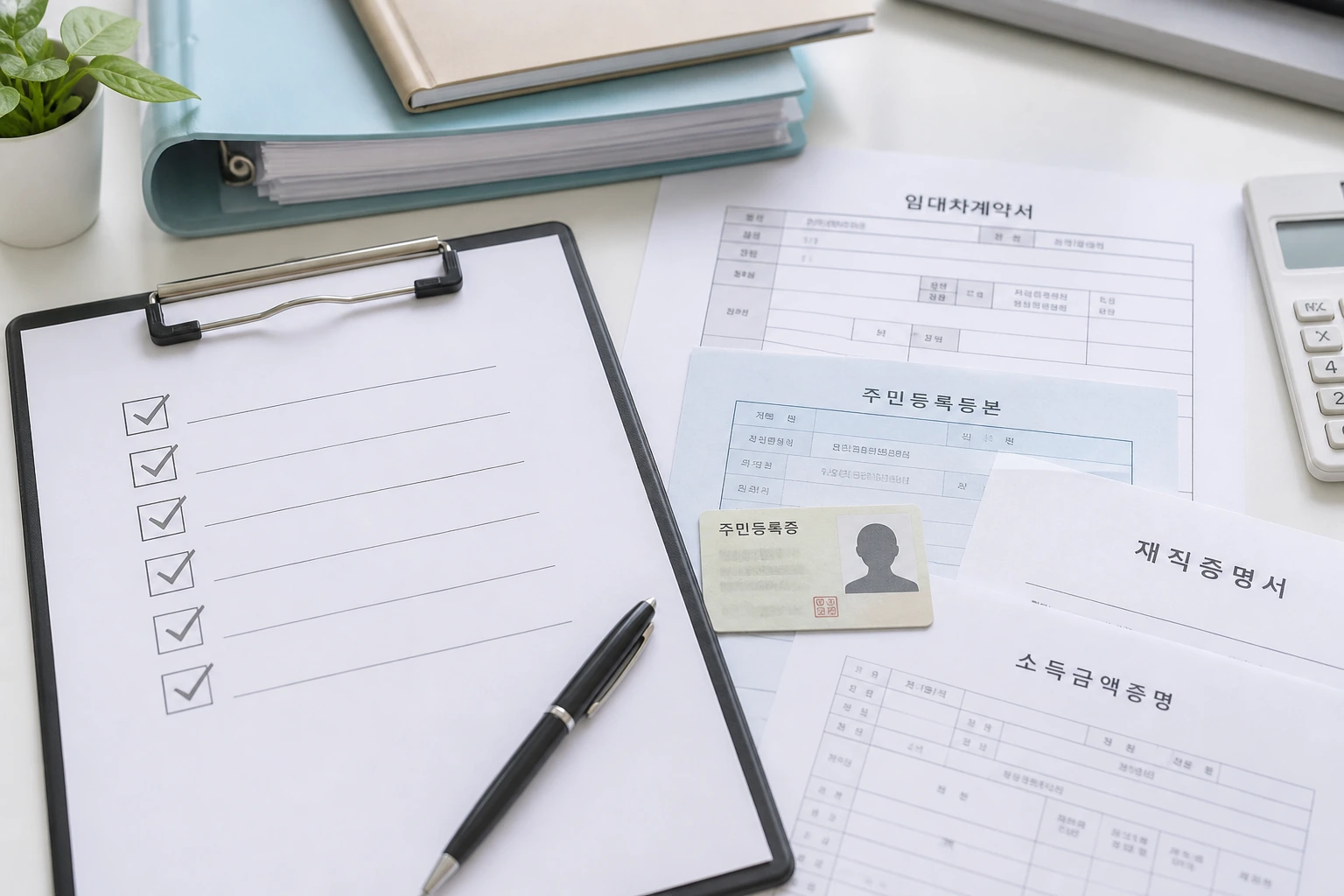 전세자금대출 필요서류를 정리한 체크리스트와 임대차계약서, 재직·소득 확인 서류를 준비한 책상 위 장면