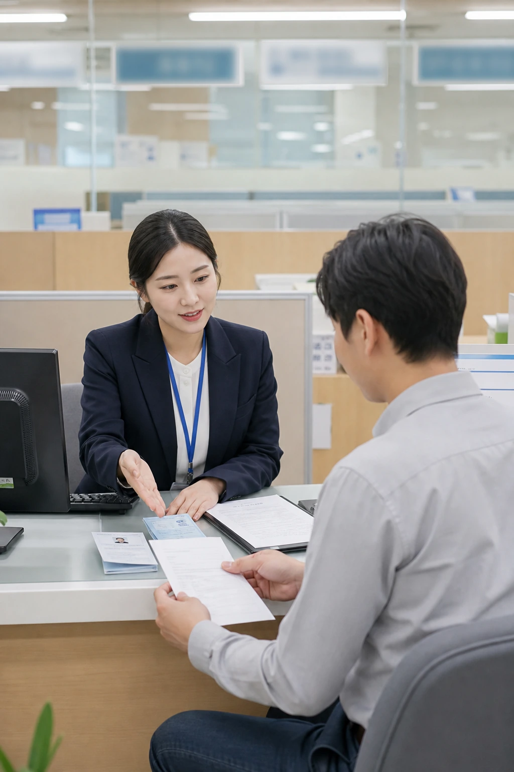 고용센터 상담 창구에서 신분증과 이직확인서 서류를 정리하며 신청 준비를 하는 장면