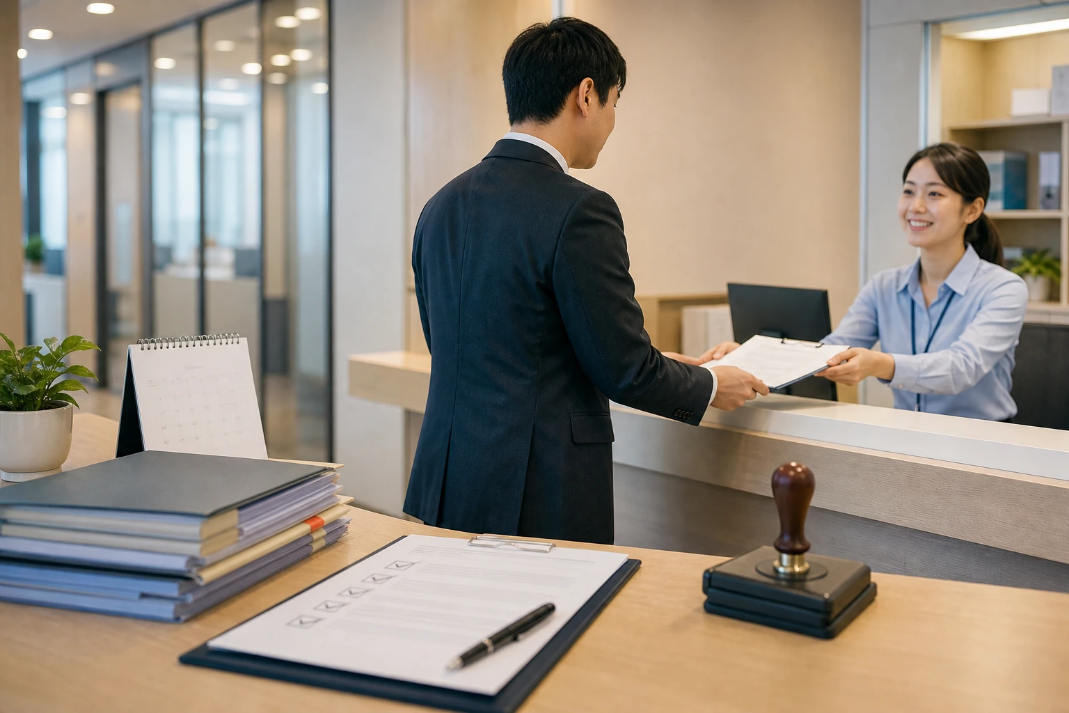 인사팀 제출 서류와 체크리스트를 들고 육아휴직 신청 순서를 확인하는 직장인과 회사 접수창구 장면